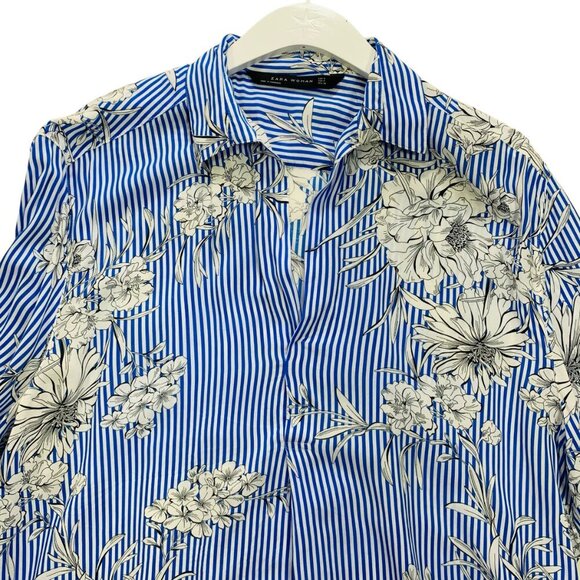Zara  Women's blouse top  Blue White Stripe Floral Flowy Blouse size med - Picture 9 of 15